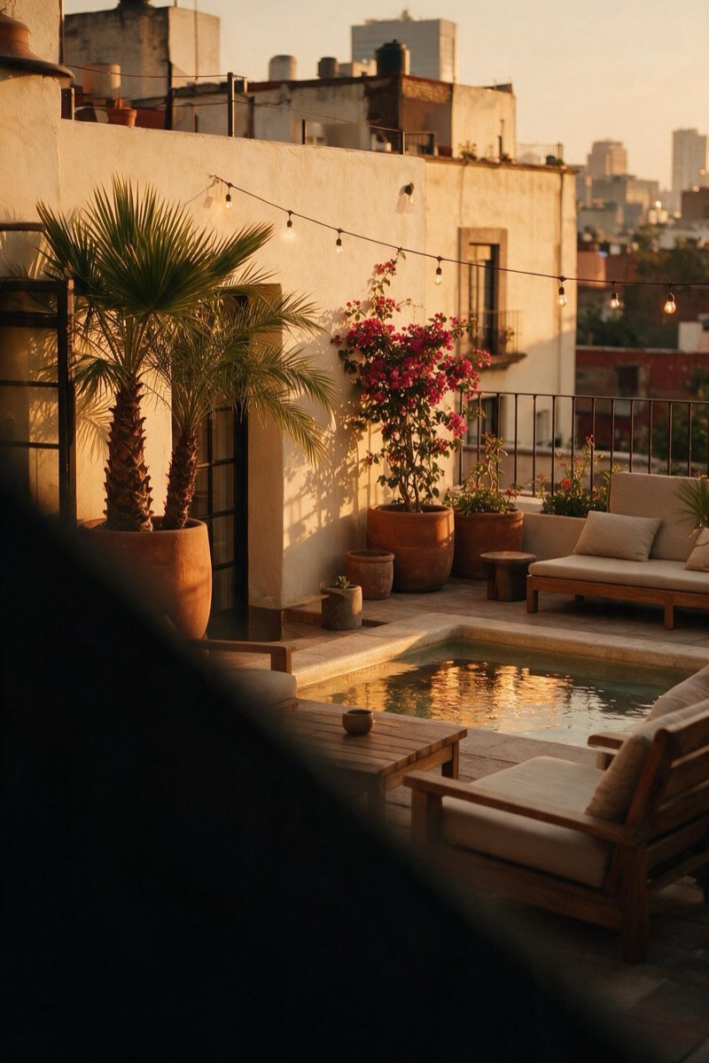 Terraza en azotea con vista a la ciudad al atardecer