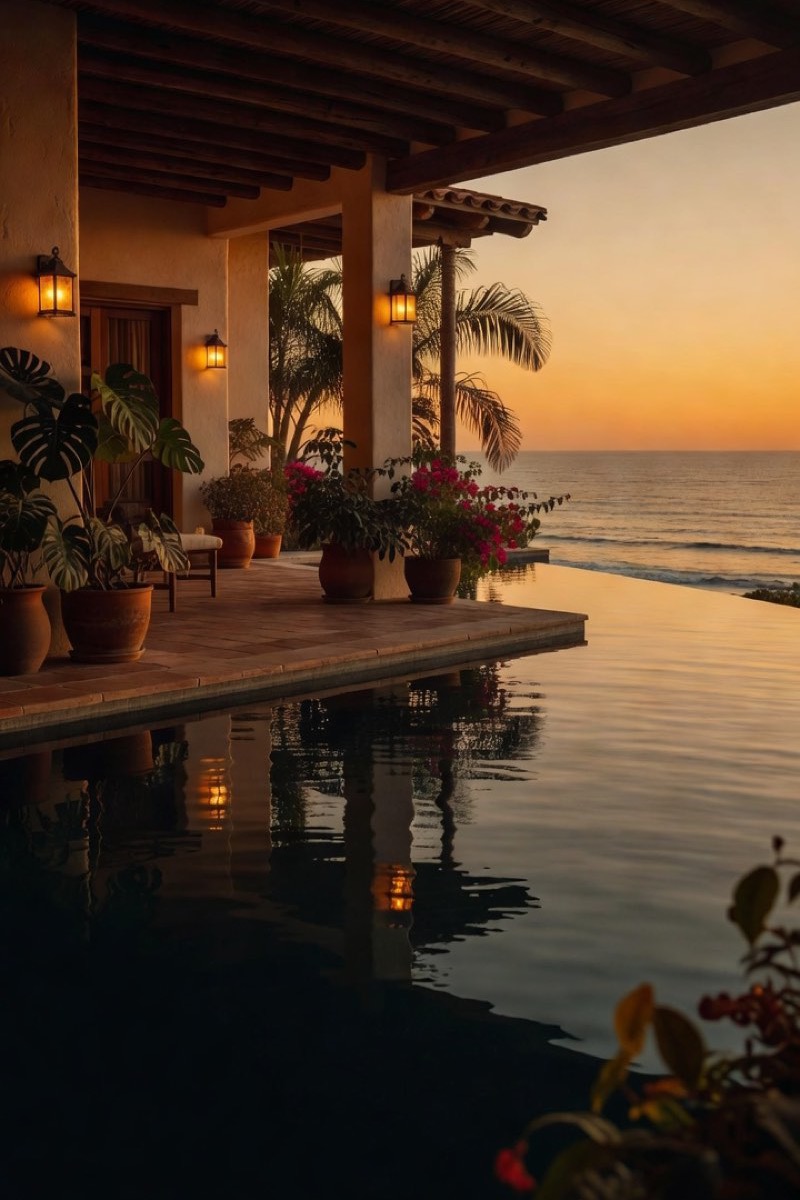 Casa de playa con alberca infinita al atardecer